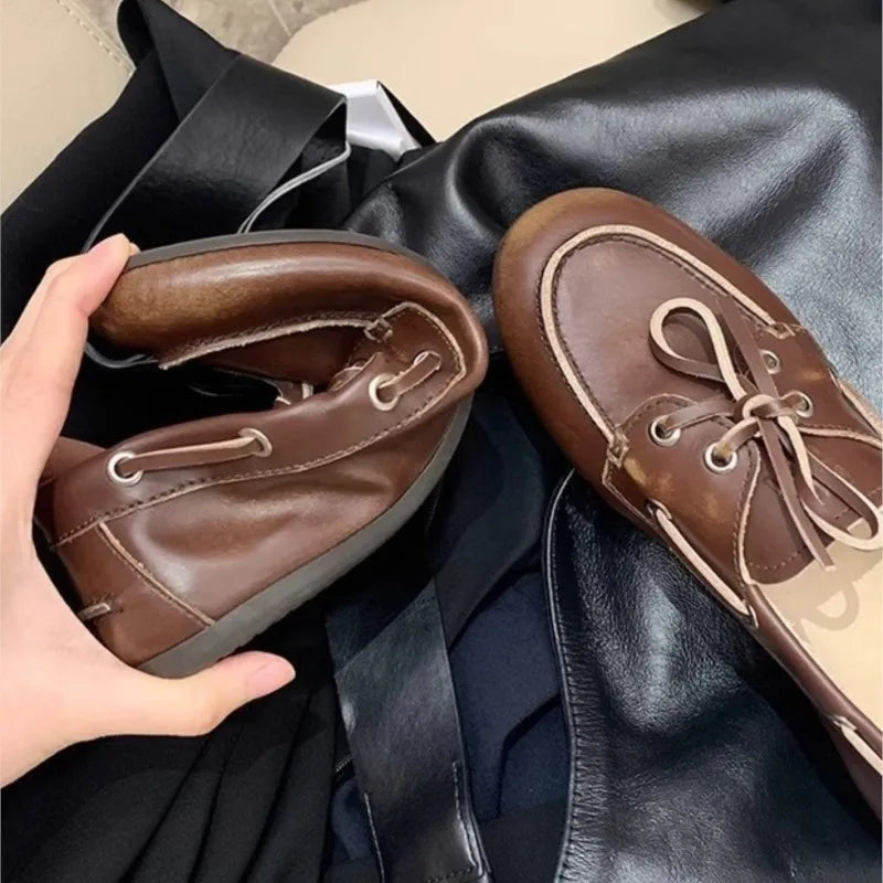 Women's Loafers Shoes Genuine Leather High Quality Round Toe Soft Bottom Flat Shoes Lace Up Breathable Ladies Casual Shoes 2025