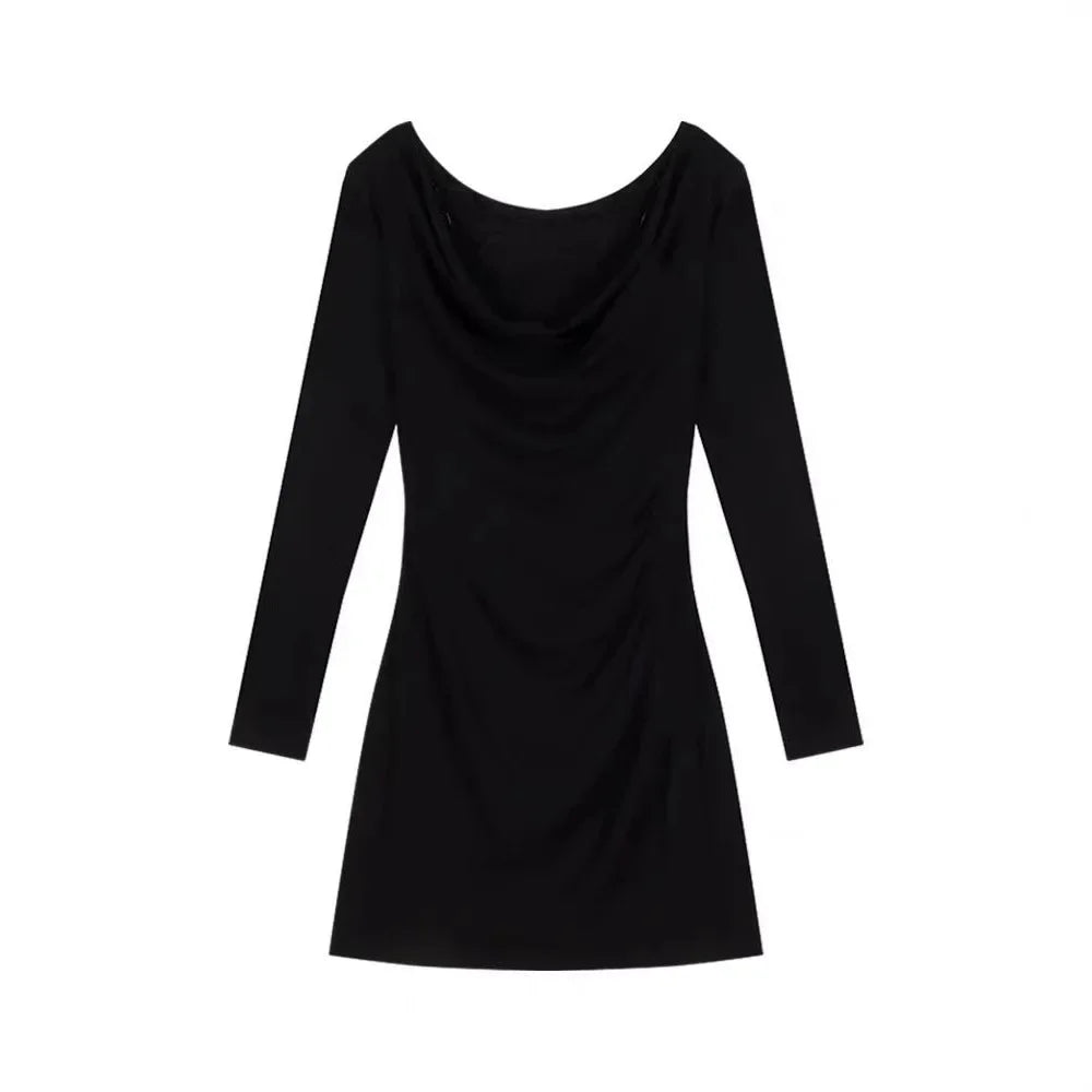 Black Lace Splice Asymmetrical Shoulder Long Sleeve Women's Dress Mini Skirt Pure Desire Waist Shaping Bodycon Short Dress