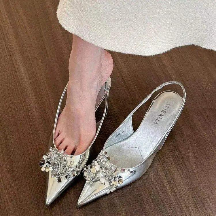 Women Sandals ,Spring Summer 2024 Spring New Pointy Flower Sandals, Fashion Mid-heel Back Empty Women's Single Shoes, Shoes
