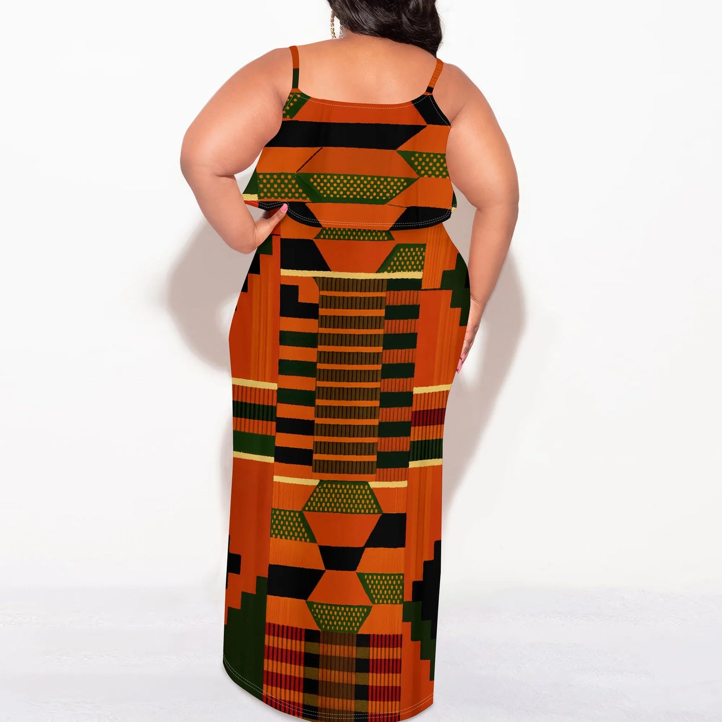 Women's Plus Size African Kente Print Maxi Dress XL-6XL Spaghetti Strap Ruffle Top Summer Party Long Sundress
