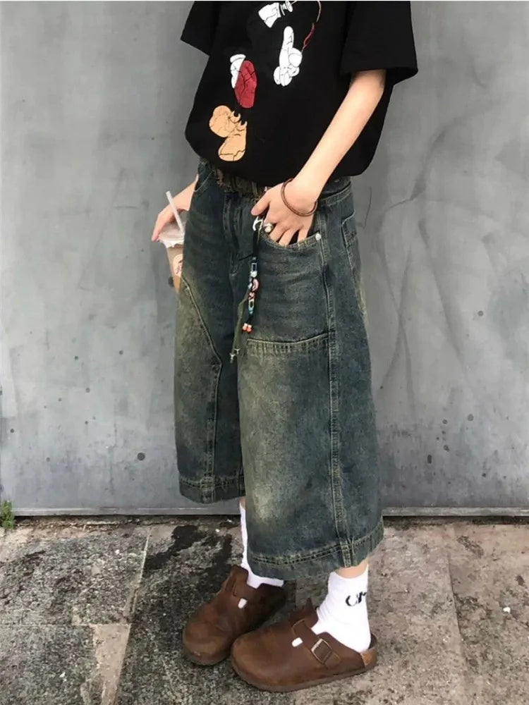 Y2K Harajuku High Street Calf-Length Pants High Waist Street Style Baggy Jean For Women Casual Loose Fit Blue Denim Shorts