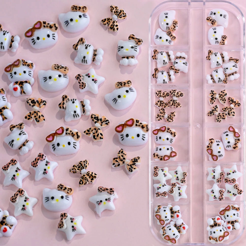 12Grids Summer Black Skin Hello Kitty Nail Charms 3D Pink Bows Hello Kitty Nail Art Rhinestone Cute Cartoon DIY Nail Accessories