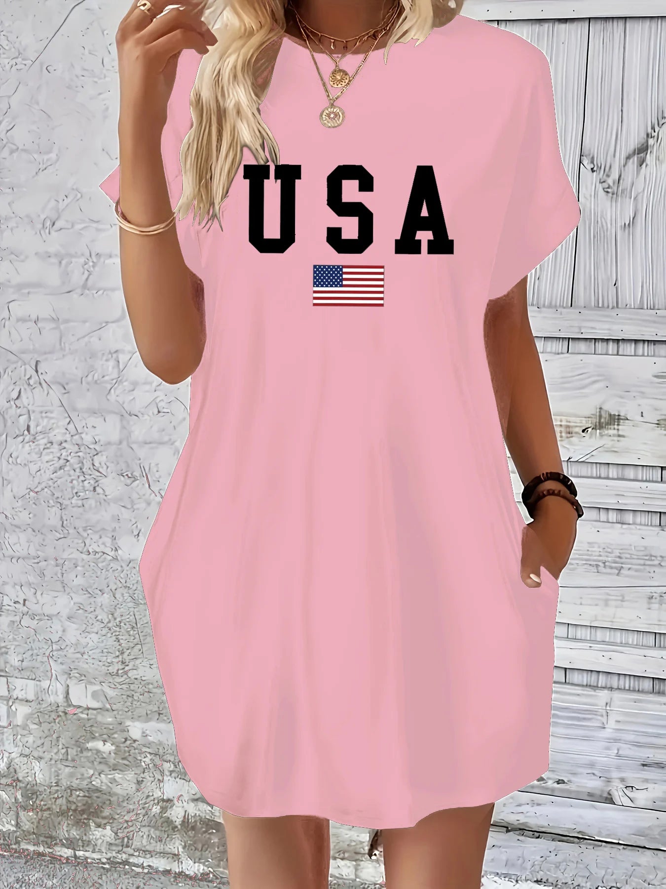 Women's summer loose classic USA flag print round neck short sleeved pocket comfortable casual dress