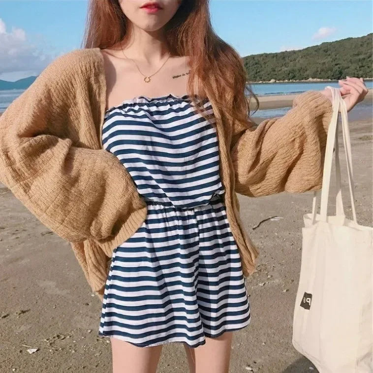 Women's Y2K Korean Cropped Cardigan - Loose Knit Summer Cover-Up for Beach Outfits & Casual Layers