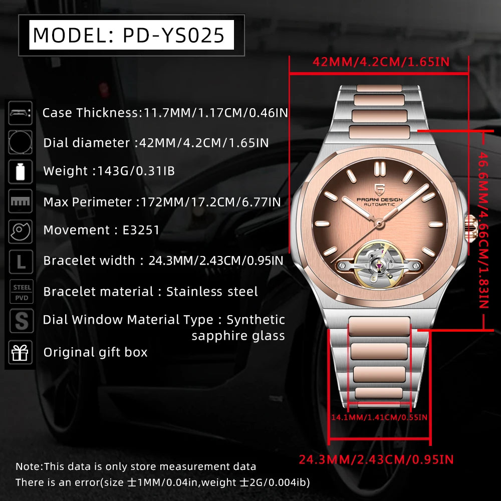 PAGANI DESIGN Men's Watches Rose Gold Skeleton Tourbillon Automatic Watch For Men Stainless steel Fashion Mechanical Wristwatch