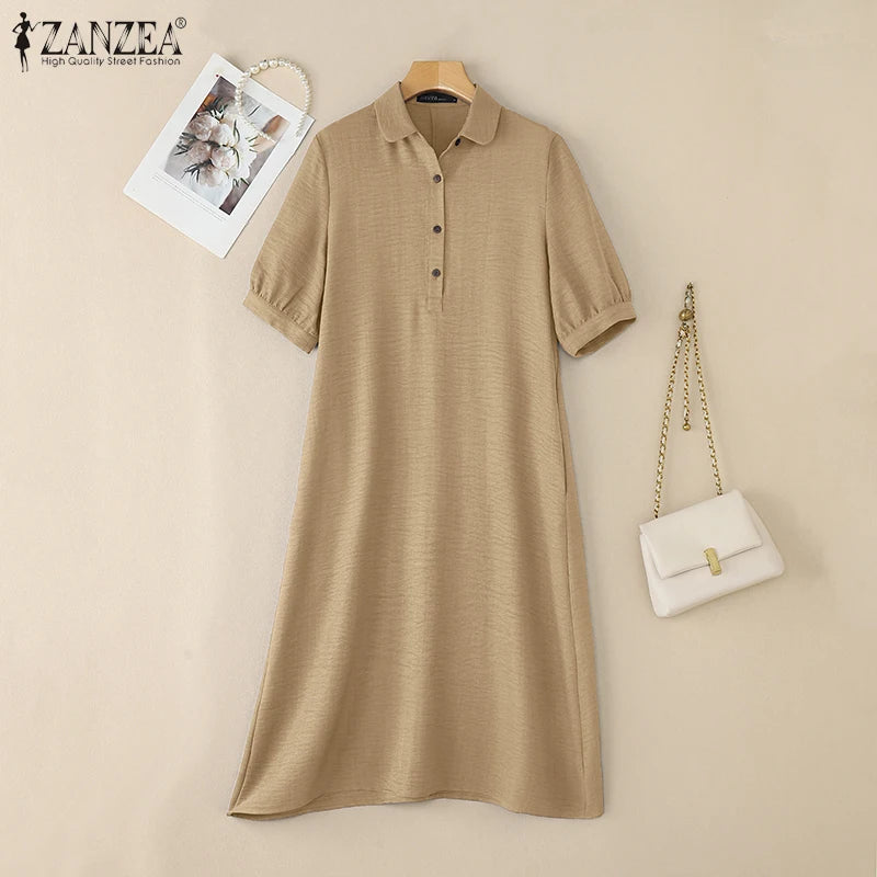 ZANZEA Women Fashion Shirt Dress 2025 Summer Sundress Lapel Neck Short Sleeve OL Work Dresses Casual Buttons Midi Vestidos Robe
