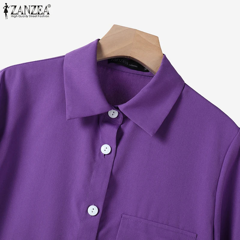 ZANZEA Office Casual Collared Shirtdress Women Autumn Fashion 3/4 Sleeve Button Up Midi Dresses Commuting Solid Color Robe Femme