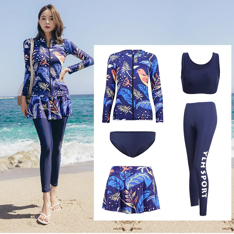 Women's 3pcs/set Printed Long Sleeve Rashguard UV Sun Protection Surf Shirt With Pants Shorts Full Body Bathing Suit Dive Skin