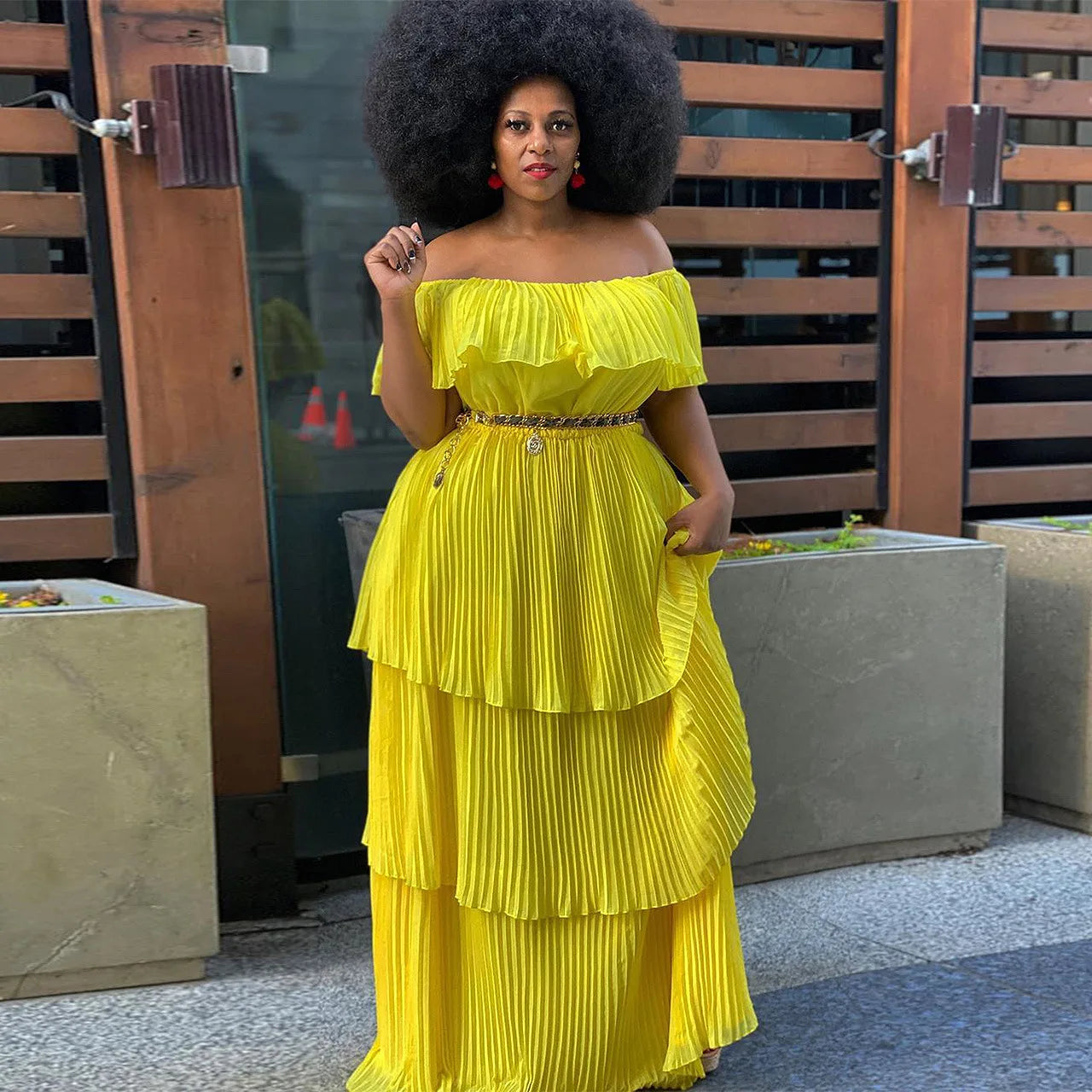 Wmstar Plus Size Party Dress Women Solid Off Shoulder Pleated Fashion Chiffon Elegant Maxi Dresses 2022 Wholesale Dropshipping