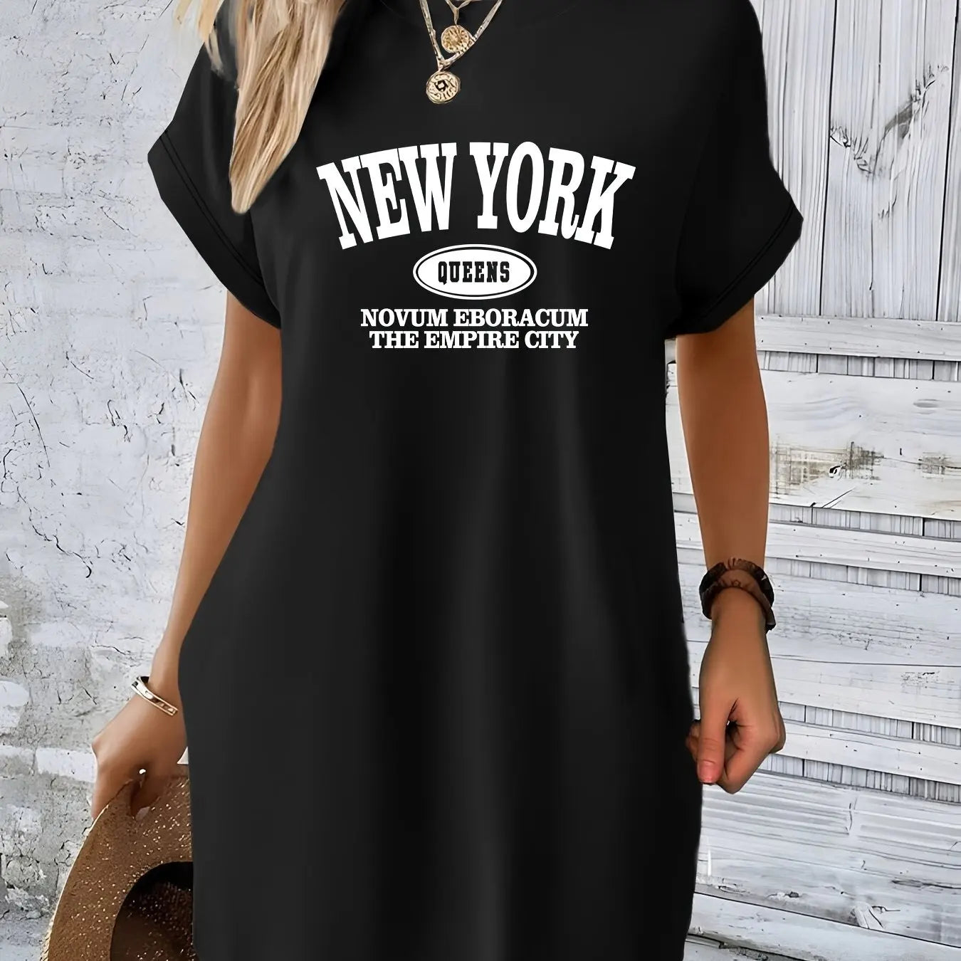 Women's Casual New York Graphic TShirt Dress Short Sleeve Round Neck Loose Fit SpringSummer