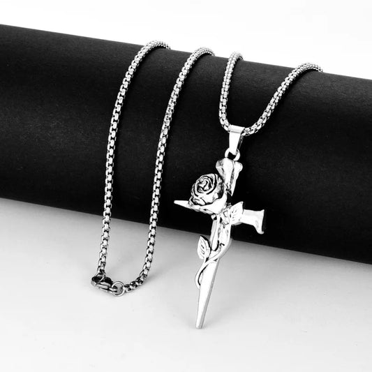 Vintage Rose Flower Cross Personality Trendy Jewelry for Men and Women Long Necklace Hip Hop Couple Alloy Pendant Sweater Chain