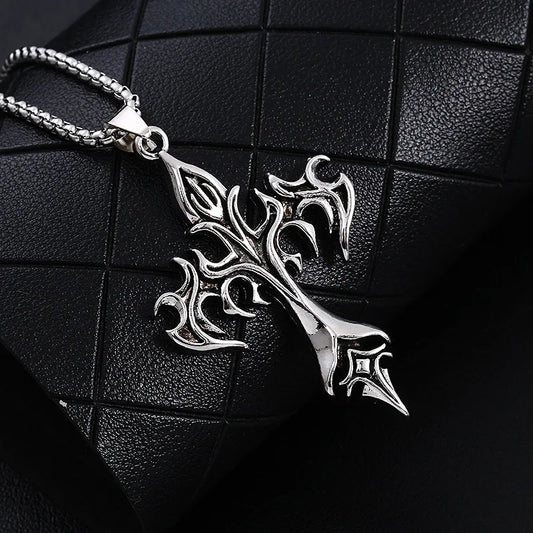 ファッションヴィンテージフレイムクロスペンダントネックレスレディースメンズロングチェーンパンクゴストレンディアクセサリーチョーカーゴシックジュエリー