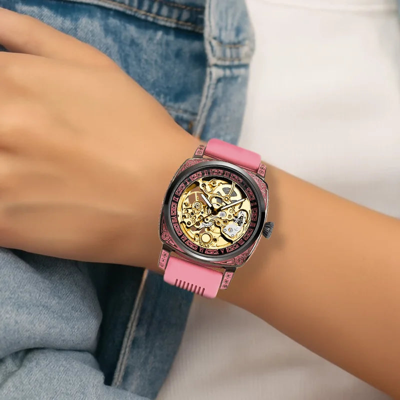 A women's pink tape fashionable Roman numeral tourbillon automatic mechanical watch