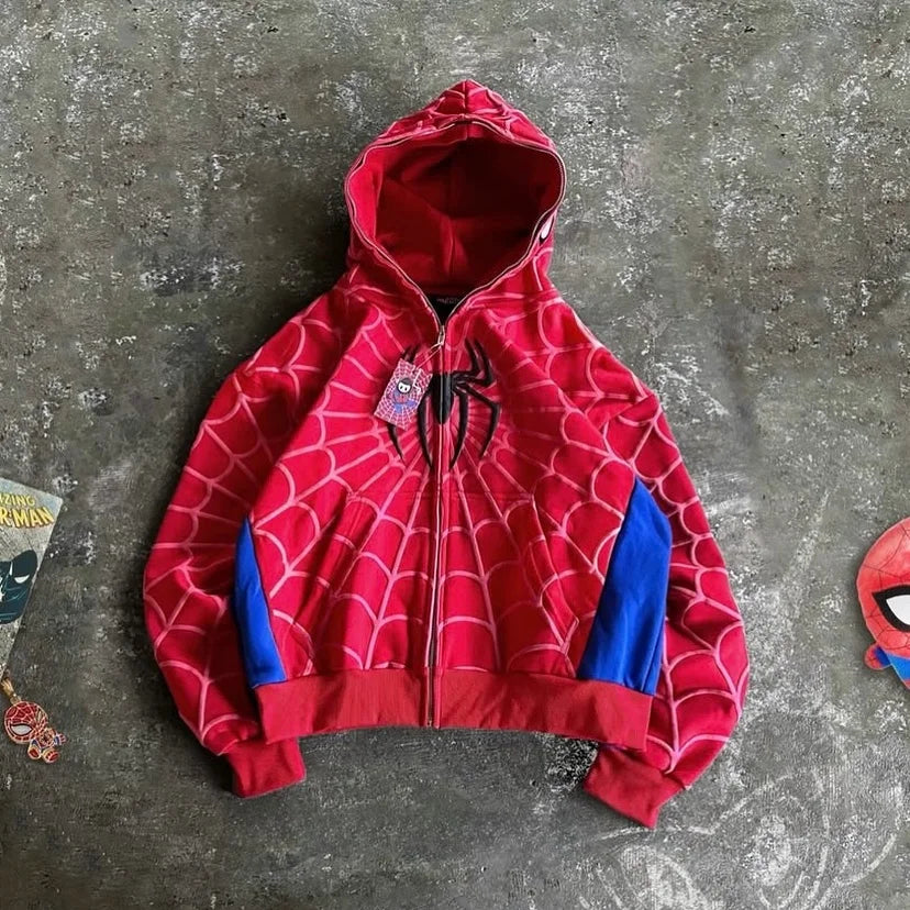 アメリカンスパイダー ヴィンテージ ジップアップフーディー Y2K ファッション メンズ レディース スパイダーグラフィック オーバーサイズフーディー スウェットシャツ カジュアルジャケット