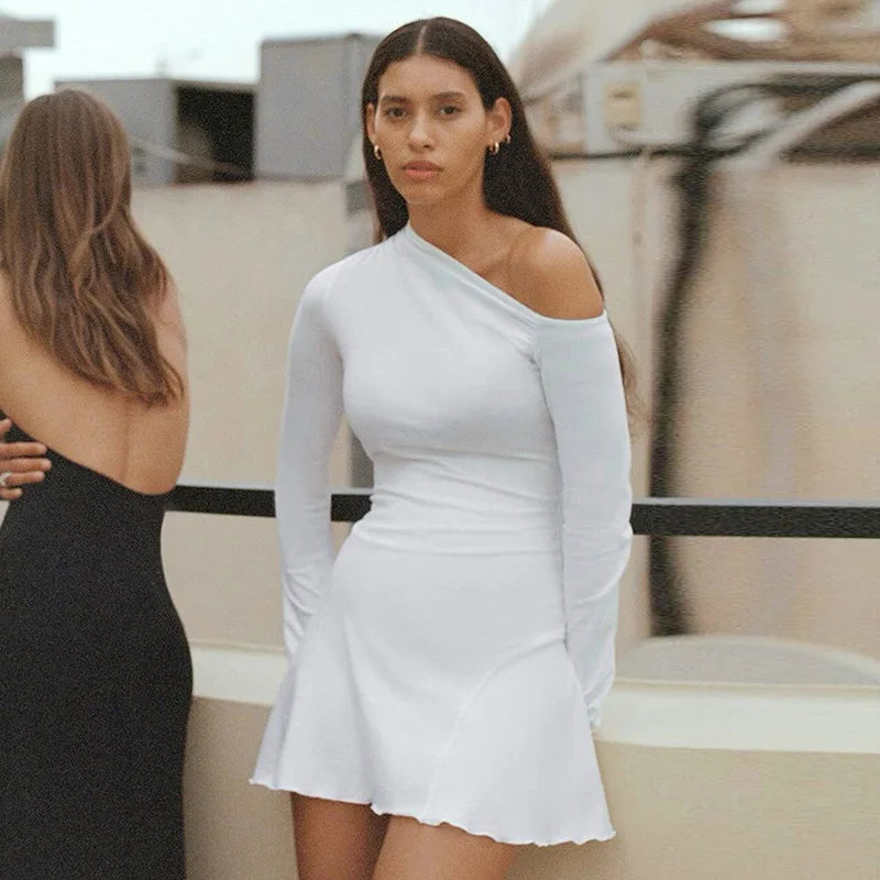 Women Sexy Boat Neck Backless Mesh Mini Dress Solid Slim Fit Bell Long Sleeve Self Tie Back Sheer Short Dresses