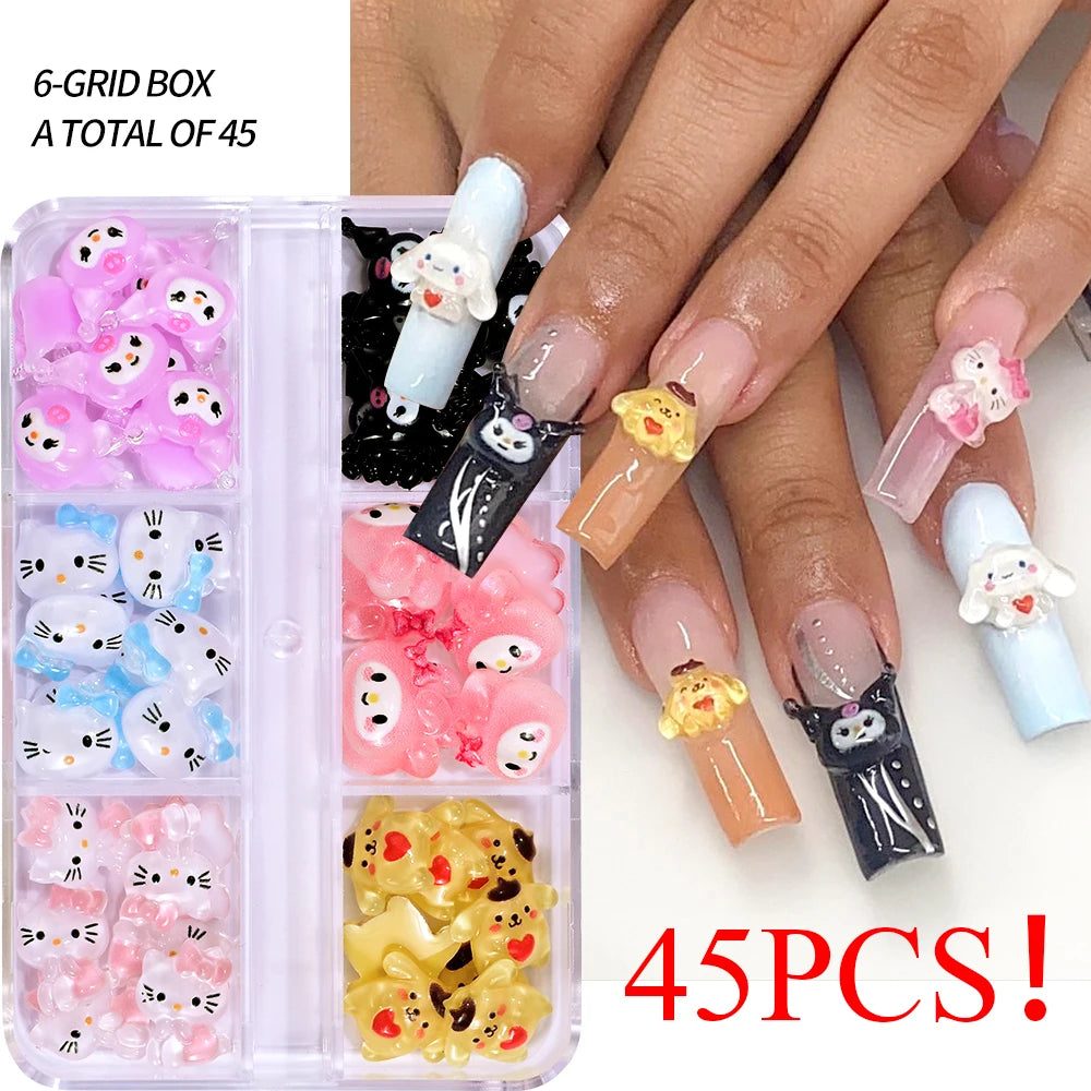 12Grids Summer Black Skin Hello Kitty Nail Charms 3D Pink Bows Hello Kitty Nail Art Rhinestone Cute Cartoon DIY Nail Accessories