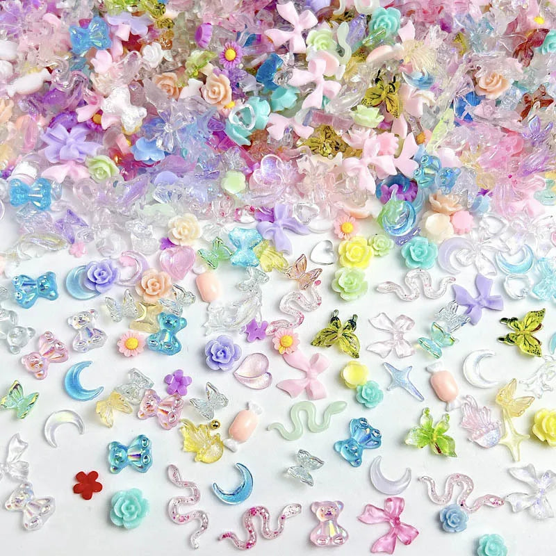 100PCS Random Mixed Strawberry Flowers Nail Charms Sweet Resin Flatback Moon Nail Art Decoration Accessories Manicure DIY