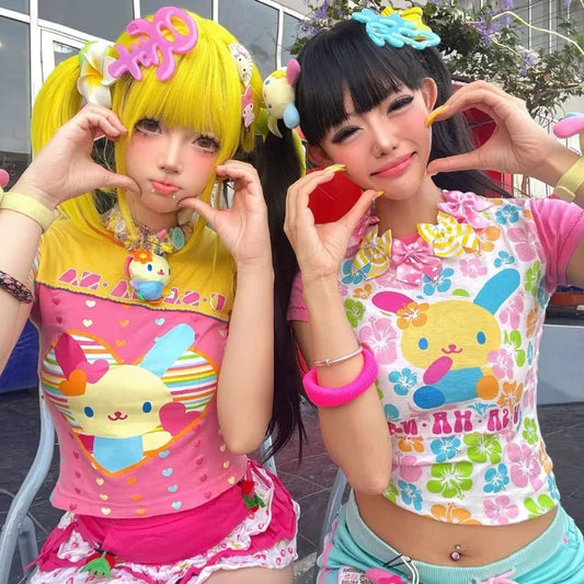 日本のレトロドーパミン半袖Tシャツかわいい漫画ウサギプリントTシャツ夏レディーススリムスイートサブカルチャー服トップス