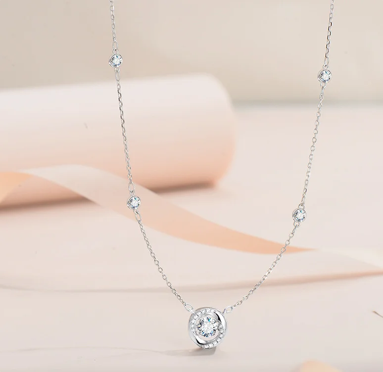 RAPRGOLD GRA Certified Moissanite Round Dancing Pendant Necklaces for Women 925 Sterling Silver Jewelry Chains for Wedding Gifts