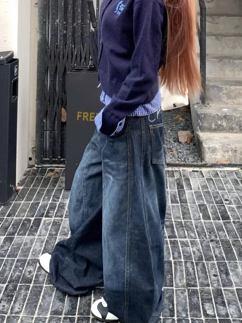 Y2K Fashion New Letters Embroidered Washed Baggy Jean Women Gothic Harajuku Vintage Hip Hop Pop Casual High Waist Wide Leg Pants