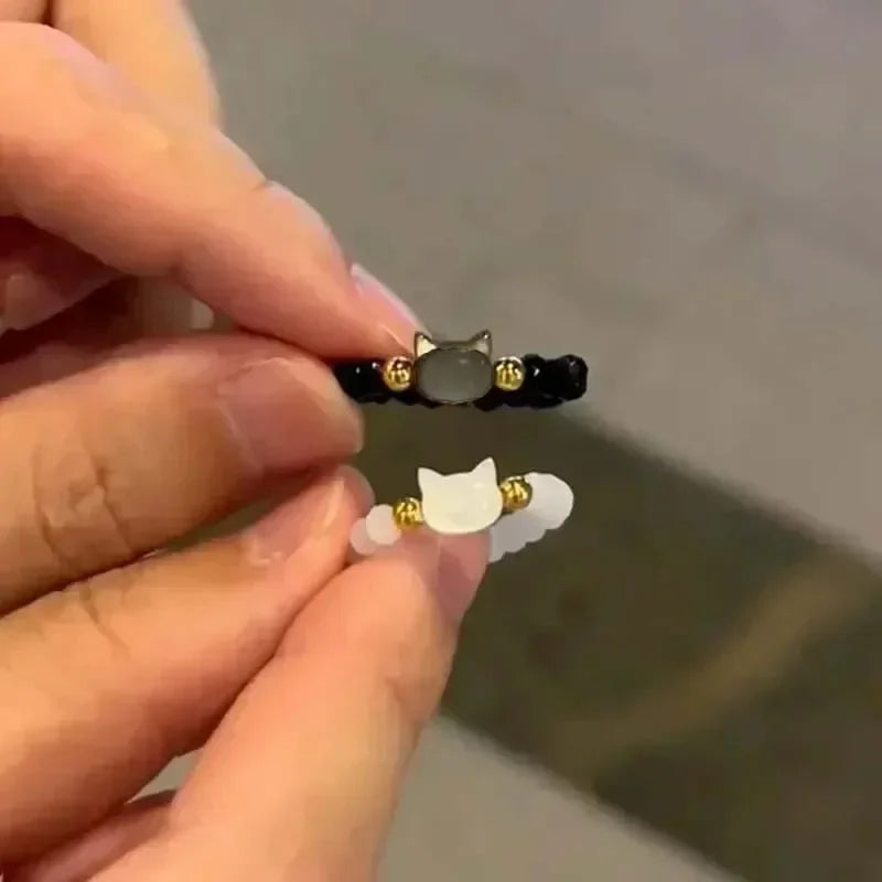2pcs Natural Moonstone Obsidian Rings Beads Minimalist Ring Cute Black White Cat Ring Women Men Party Accessories Jewelry