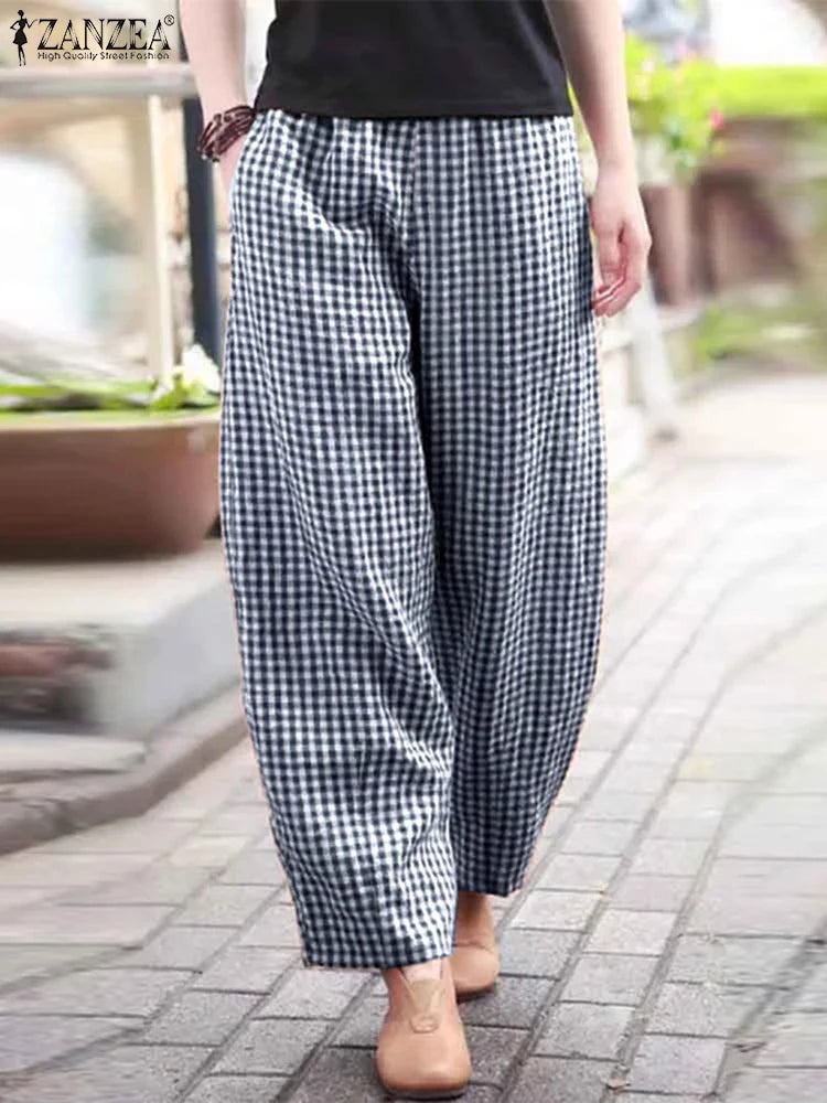 ZANZEA 2025 Plaid Pants Women Fashion Lantern Pants Casual Loose Long Trouser Summer Pockets Elastic Waist Bottoms Oversized