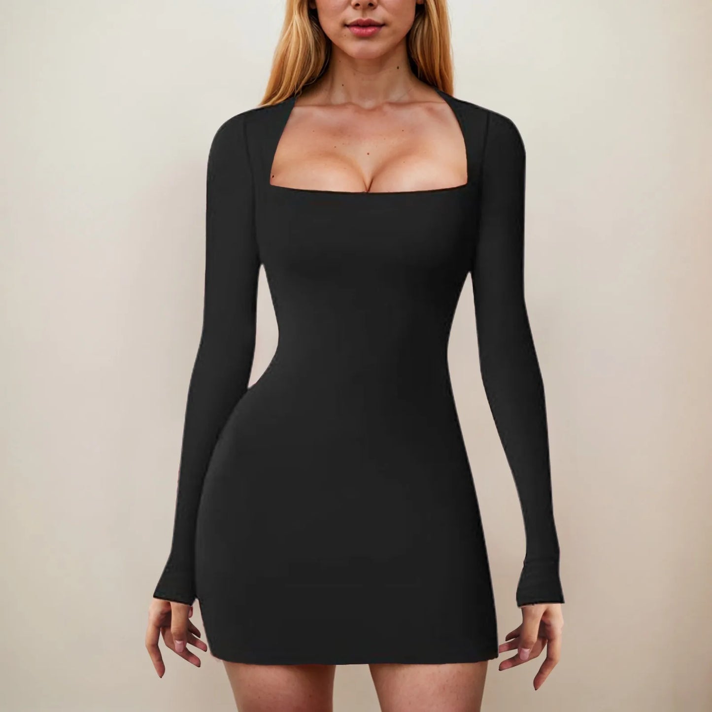 Fashion Autumn Dresses Women New Streetwear Long Sleeves Square Collar Mini Dress Black Sexy Backless Female Casual Slim Dresses
