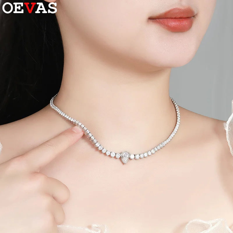 OEVAS 3-4.5mm Full Moissanite Tennis Necklace S925 Silver Lab Diamond Waterdrop Pendant For Women Party Fine Jewelry