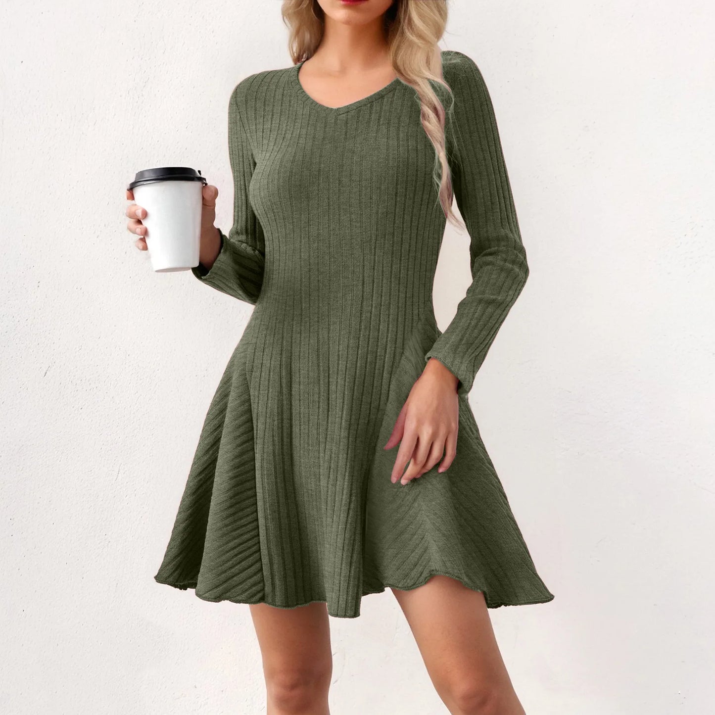 Knitted Mini Dresses Women V Neck Autumn Winter Solid Korean Fashion Vestidos Mujer Elegant Long Sleeve A-Line Women Dress 2025