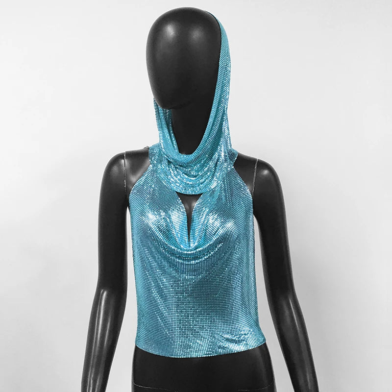 Women Metal Sequins Tank Top With Turban 2 Piece Sexy V Neck Backless Suspender Top Rave Festival Party Nightclub Camisole