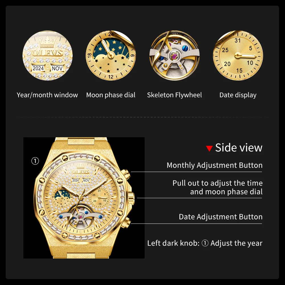OLEVS Gold Steel Mens Watches Top Brand Automatic Mechanical Luxury Watch Sport Waterproof Tourbillon Wrist Watch Reloj Hombre