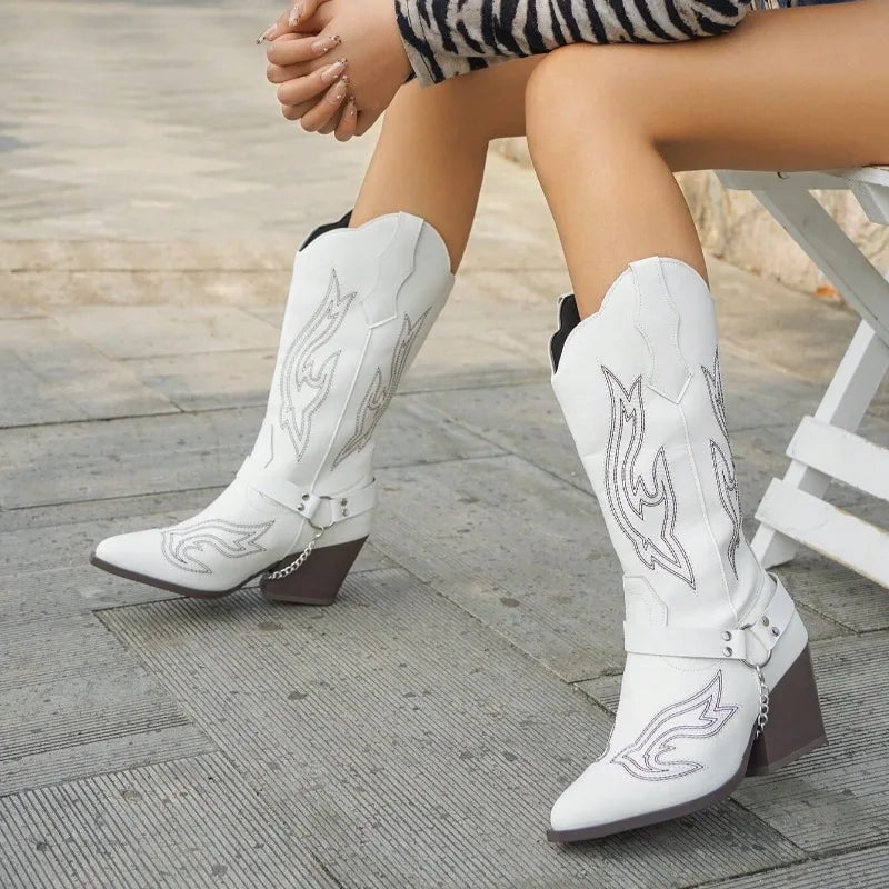 Women Boots Autumn Winter Fashion Embroidered Western Cowboy Boots Women Casual Comfortable Pointed Toe Thick Heel Shoes Woman