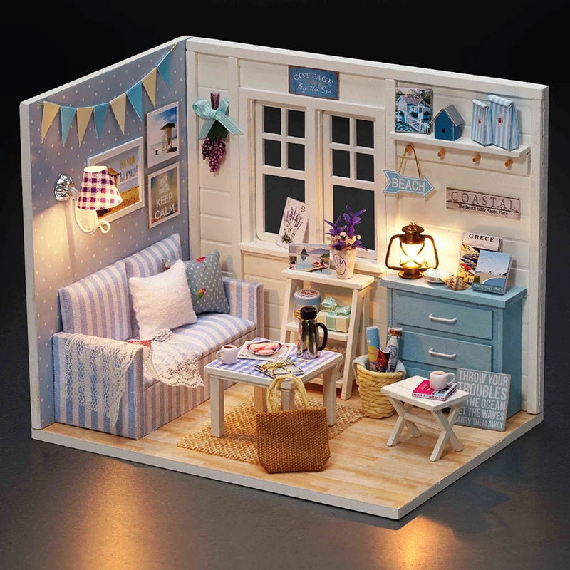 Kitten Mini Doll House Model Building Assembled House Home Kit Creative Room Bedroom Decoration with Furniture Birthday Gifts