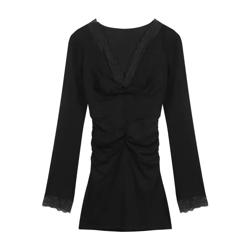Pure Desire Lace Splice V-Neck Long Sleeve Bodycon Mini Dress Black Knot Waist Cinched Women's Fashion Autumn Skirt Dress