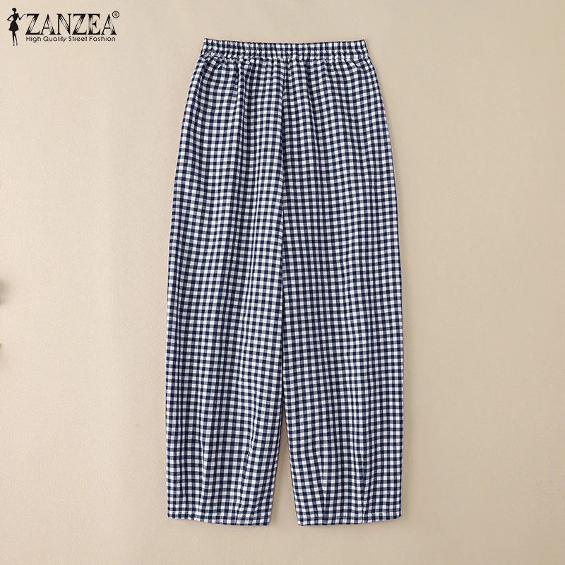 ZANZEA 2025 Plaid Pants Women Fashion Lantern Pants Casual Loose Long Trouser Summer Pockets Elastic Waist Bottoms Oversized