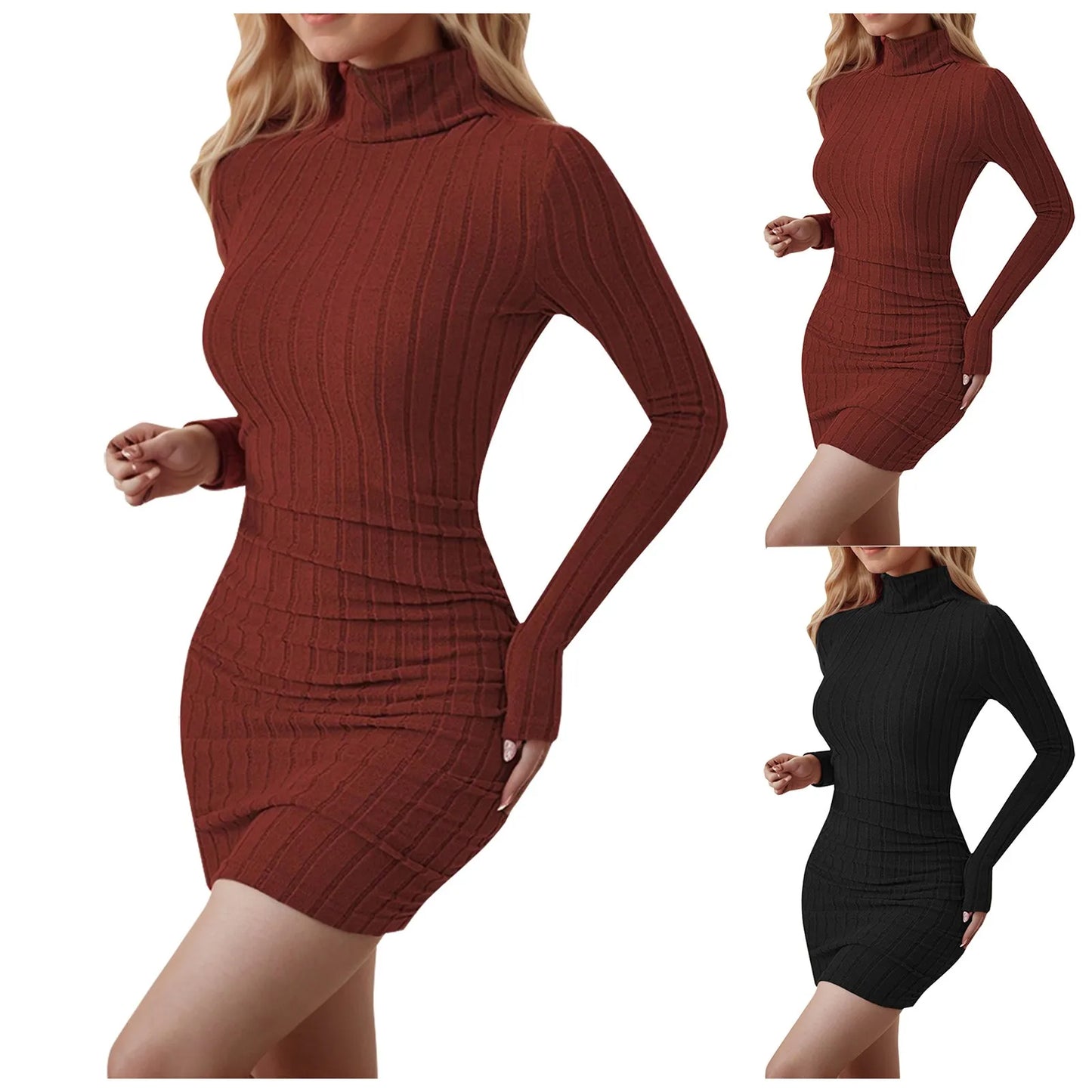 Women's Pullover Sweater Dress Long Sleeve Turtle Neck Cute Ribbed Knit Bodycon Mini Dress 2025 Solid Slim Short Sweater Dress