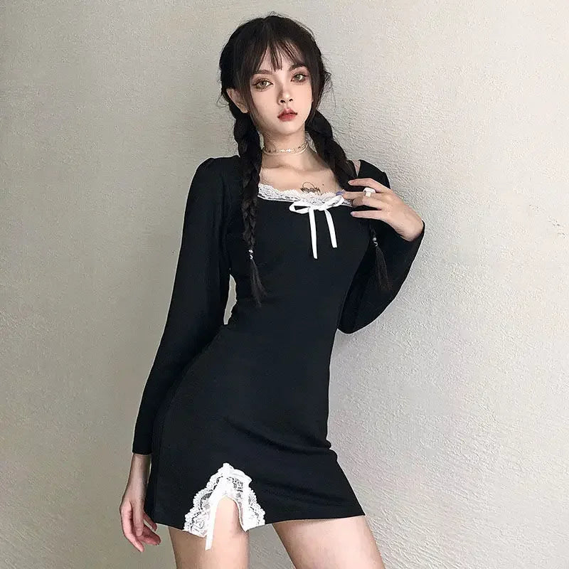 Long Sleeve Dress Women Design Patchwork Lace Bow Square Collar Side-slit A-line Empire Black Sexy Mini Bodycon Dresses Feminine