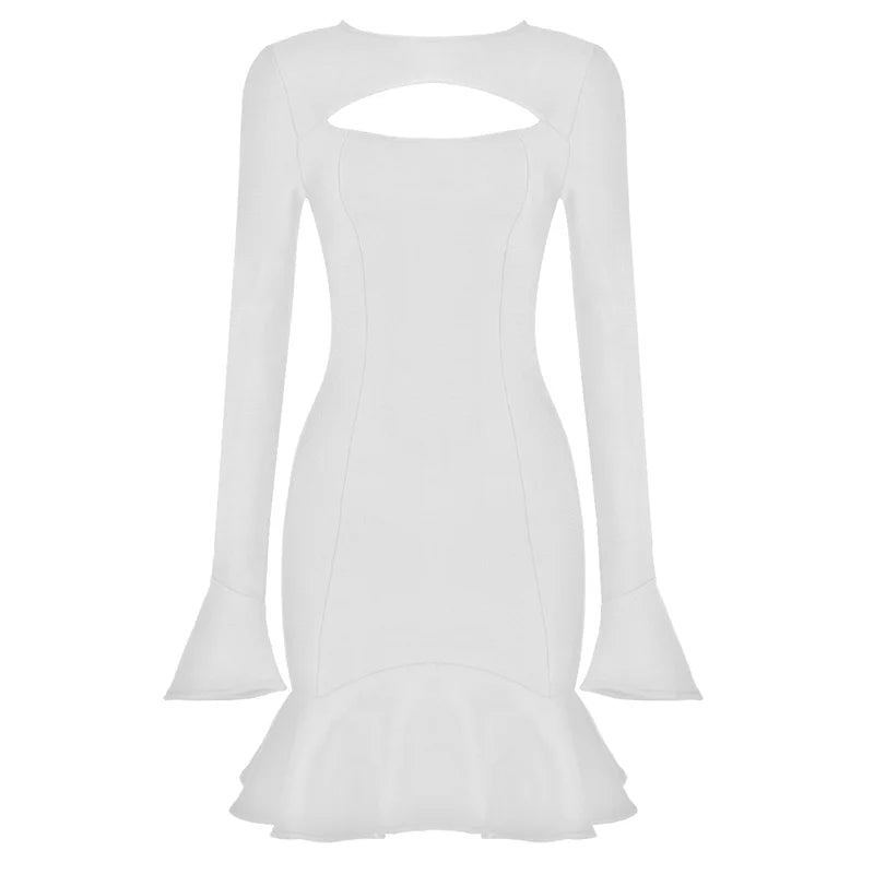 Women's Ruffles Bandage Dress Long Flare Sleeve Hollow Out Bodycon White Black Mini Sexy Elegant Nightclub Evening Party Dresses