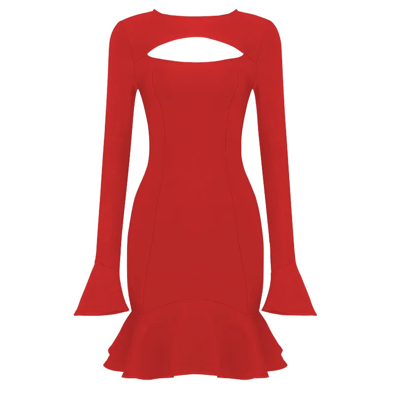 Women's Ruffles Bandage Dress Long Flare Sleeve Hollow Out Bodycon White Black Mini Sexy Elegant Nightclub Evening Party Dresses