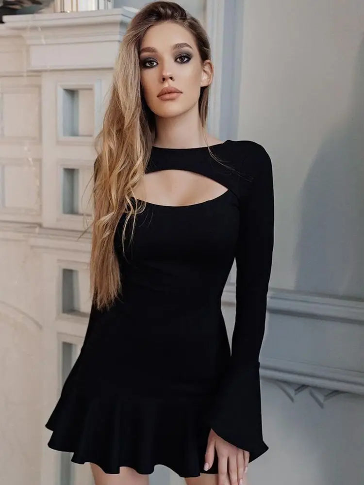 Women's Ruffles Bandage Dress Long Flare Sleeve Hollow Out Bodycon White Black Mini Sexy Elegant Nightclub Evening Party Dresses