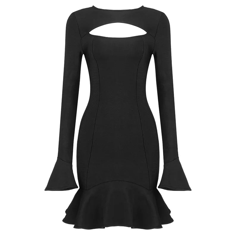 Women's Ruffles Bandage Dress Long Flare Sleeve Hollow Out Bodycon White Black Mini Sexy Elegant Nightclub Evening Party Dresses