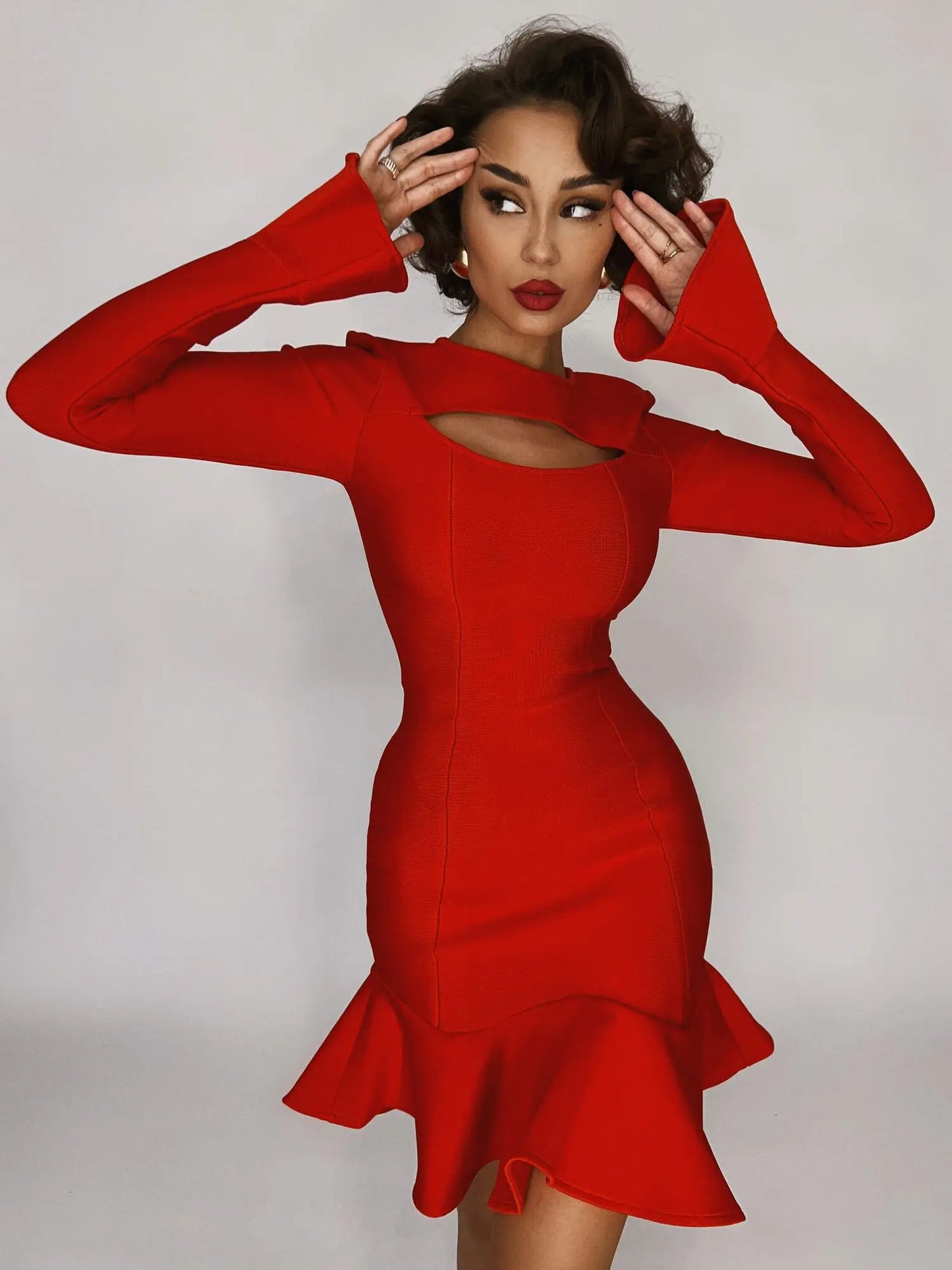 Women's Ruffles Bandage Dress Long Flare Sleeve Hollow Out Bodycon White Black Mini Sexy Elegant Nightclub Evening Party Dresses