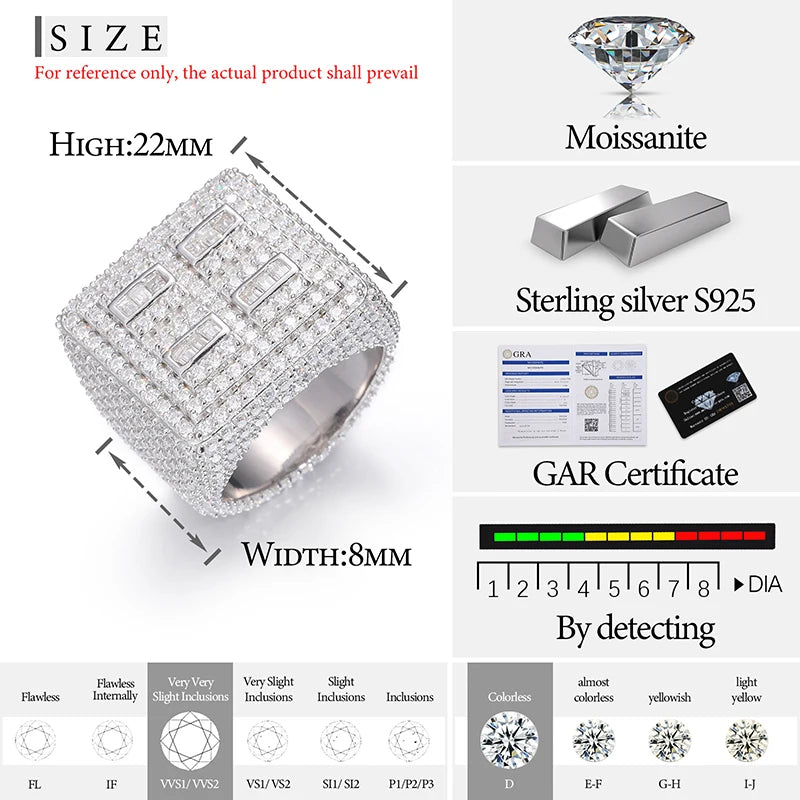 TUHE ユニセックス S925 シルバーリング アイスアウト バゲット VVS1 モアッサナイト クロスリング S925 シルバー メンズ ヒップホップジュエリー メンズアクセサリー