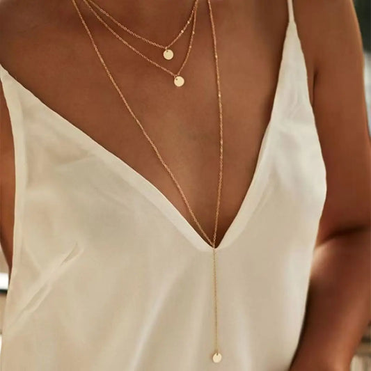 Minimalist Round Disco Coin Chain Necklace Pendant Dainty Sequins Multi Layers Necklaces for Women Fashion Jewelry Gifts