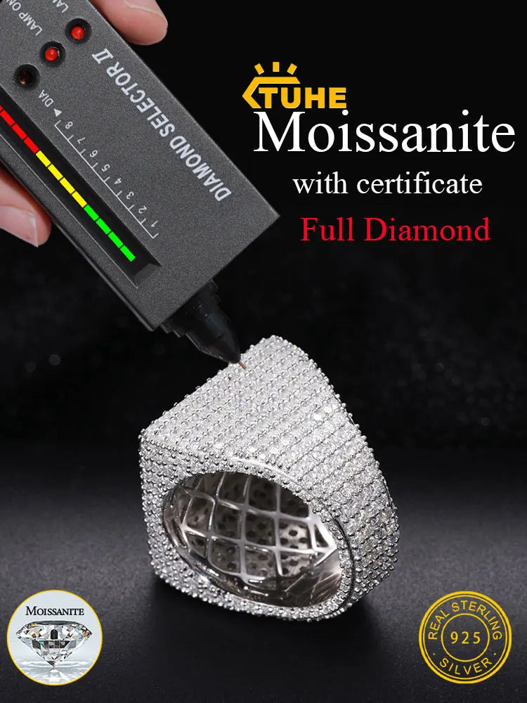 TUHE ユニセックス S925 シルバーリング アイスアウト バゲット VVS1 モアッサナイト クロスリング S925 シルバー メンズ ヒップホップジュエリー メンズアクセサリー