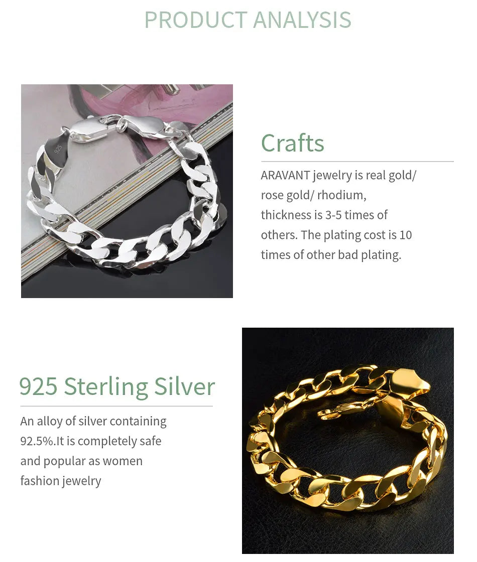 Aravant 925シルバー 12MMブレスレットチェーン メンズ レディース ファッションジュエリー