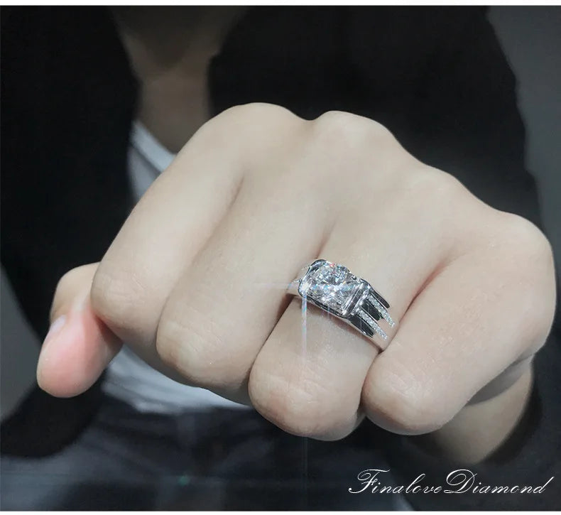 高級ソリッド925スターリングシルバーラウンドダイヤモンドリングメンズクラシックウェディングセレモニーリングまばゆいばかりの男性アクセサリージュエリーホット