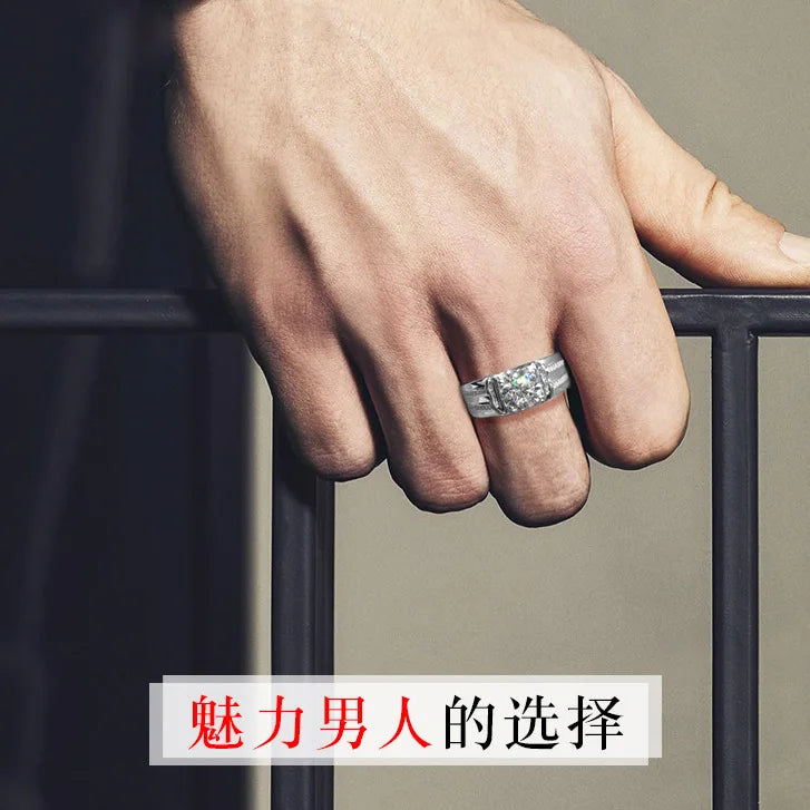 高級ソリッド925スターリングシルバーラウンドダイヤモンドリングメンズクラシックウェディングセレモニーリングまばゆいばかりの男性アクセサリージュエリーホット
