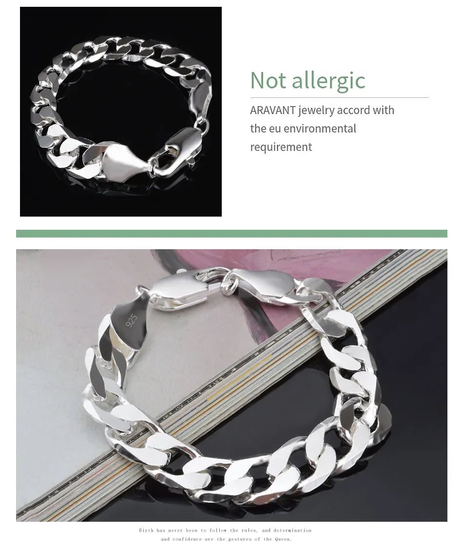Aravant 925シルバー 12MMブレスレットチェーン メンズ レディース ファッションジュエリー
