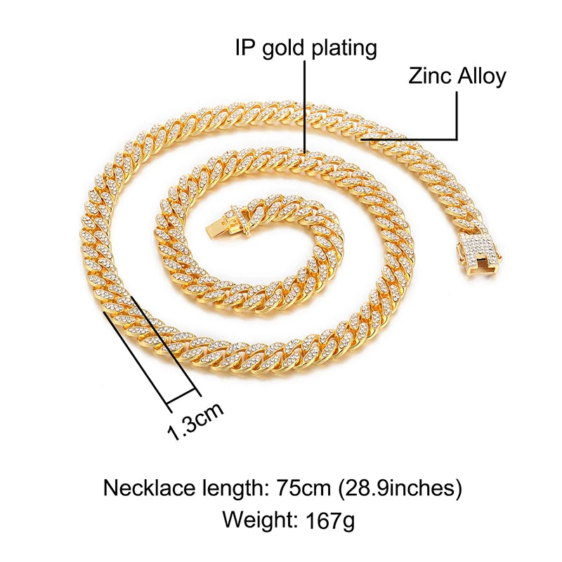 ヒップホップ 13mm キューバンリンクチェーン メンズ マイアミ アイスアウト ブリンブリンネックレス ゴールドメッキ ブリンブリン メンズ レディース ラッパー ジュエリー ギフト